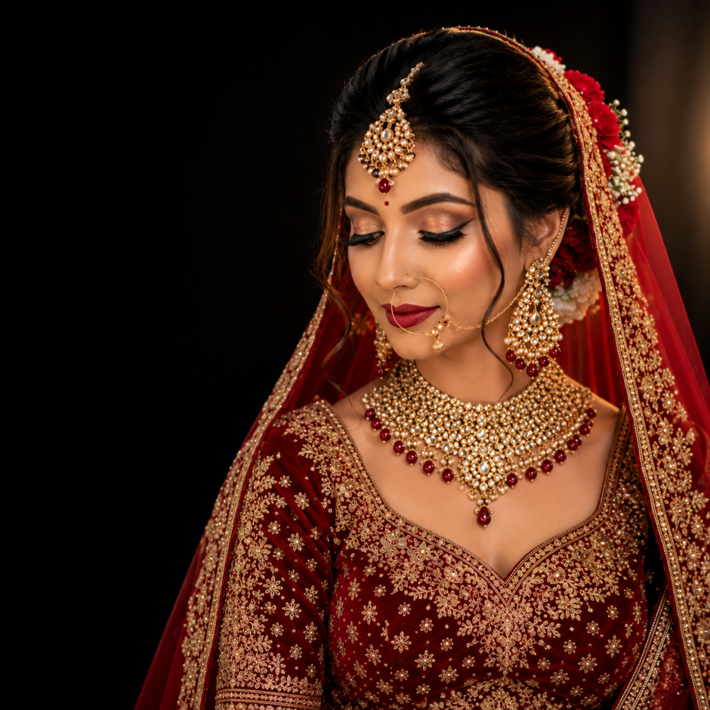 Elegant Indian bride receiving professional bridal makeup and hairstyling at Touch & Glow Beauty Spa & Salon in Firozabad.